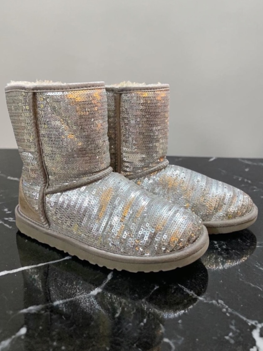 UGG Classic Short Silver Sequin Sparkle Boots - Picture 2 of 12